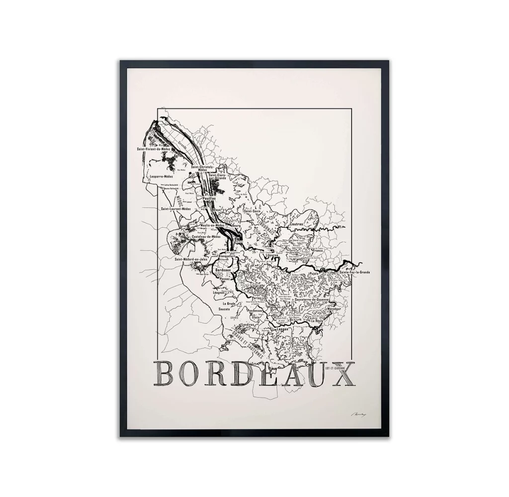 Framed map of Bordeaux wine region by Brushery