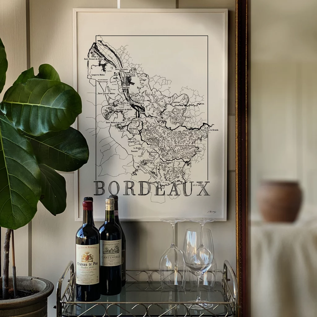 Map of Bordeaux wine region by Brushery in wine room