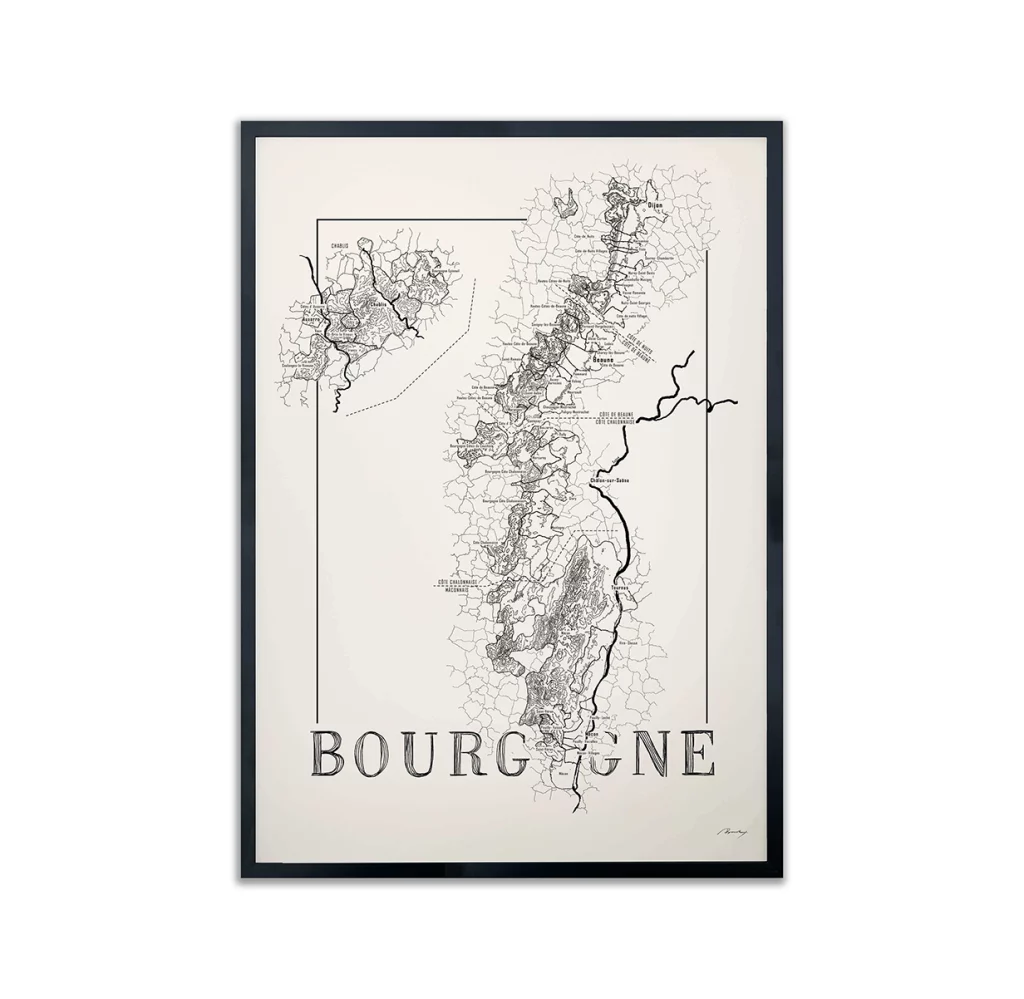 Framed map of Burgundy wine region by Brushery