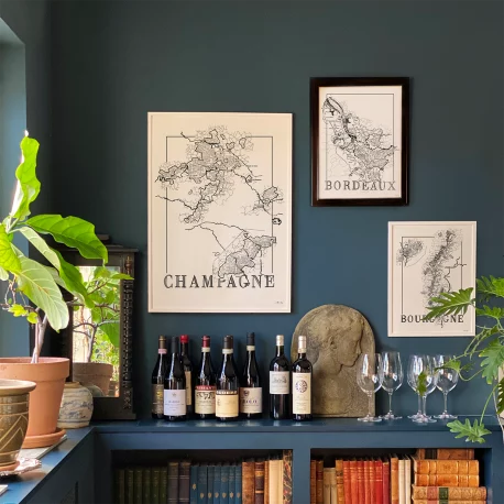 maps of French wine regions Bordeaux, Bourgogne and Champagne hanging in bar area